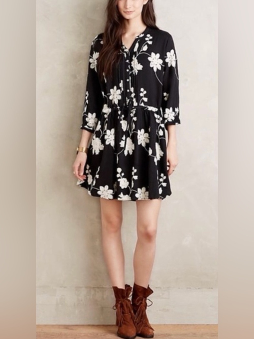 Anthropologie Isabella Sinclair Naomi Embroidered Floral Shirtdress Black XS